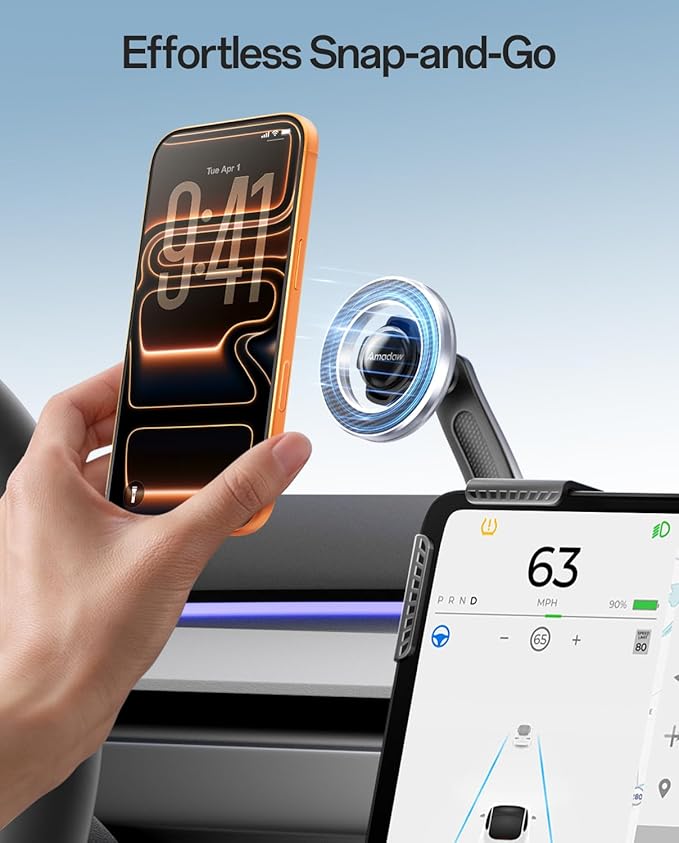 Upgraded MagSafe Tesla Phone Mount for Model Y Juniper & Model 3, No Adhesive ＆ Rock-Solid Stability Screen Clamp Phone Holder, 360° Adjustable, Compatible with All Phones, Tesla Accessories