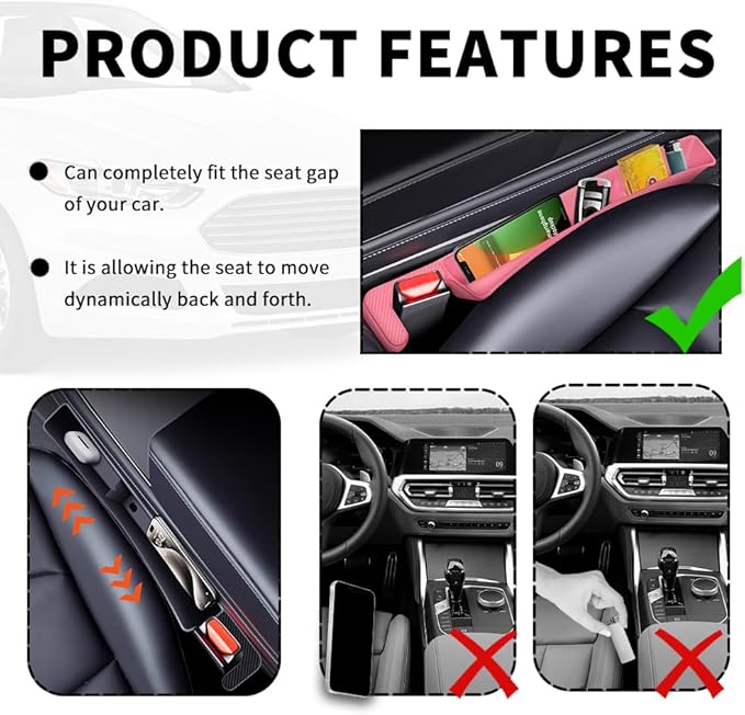 2PCS New Car Seat Gap Filler with 2 Storage Areas,Stylish Car Seat Gap Storage for Stabilizing Phone,Keys Wallet,Universal Car Seat Gap Filler Organizer (Carbon Pink)
