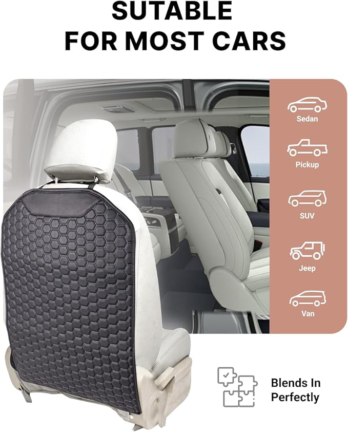 Owleys Set Seat Back Organizer & Car Seat Protector Hexy Waterproof & Non-Slip Protector for Child Car Cushion for Leather and Fabric Seats (Black Set 2)