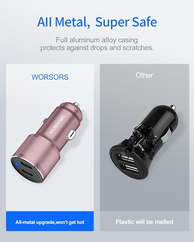 Pink Dual 45W USB C Car Charger, 90W Max Super Fast Charging, All Metal 12V Cigarette Lighter Adapter for iPhone 17 Pro Max/16/15/iPad, Samsung Galaxy S26+/S25, Google Phones with 2 Type C Cable 3.3ft