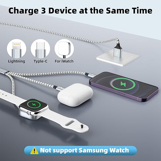 Travel Essentials 3in1 Multi Charging Cable for iPhone Watch Charger,USB A to Type C/IP/iWatch Charger, Charging Cords for Multiple Devices Compatible with iWatch Series&iPhone 16-12 5FT
