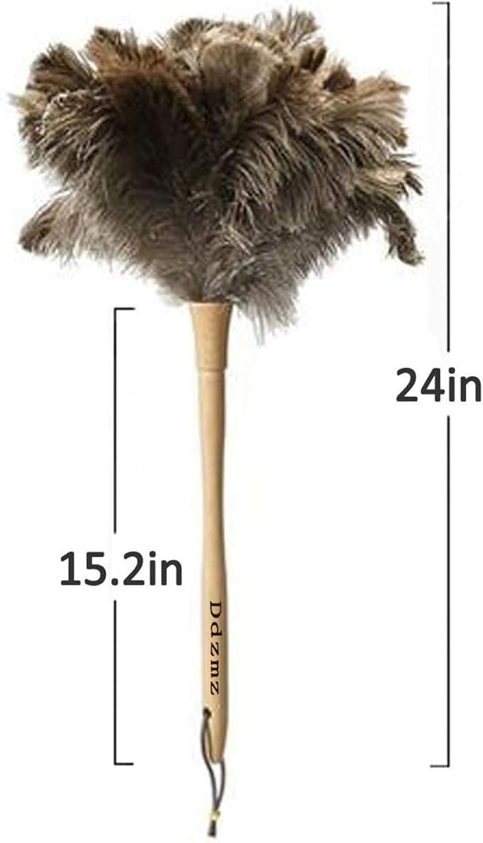 Feather Dusters for Cleaning, Feather Duster Ddzmz Fluffy Natural Genuine Ostrich Feathers and Reusable Wooden Long Handle Large Ostrich Feather Duster Cleaning for Housewife Brown Length 24" 1Pack