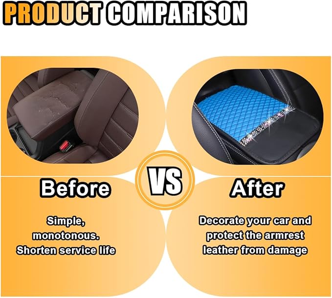 Bling Leather Car Armrest Seat Box Cover, Car Console Armrest Cover with Crystal Rhinestones, Anti-Scratch Waterproof Auto Center Console Protector Cushion Pad for Car SUV Truck (Blue)