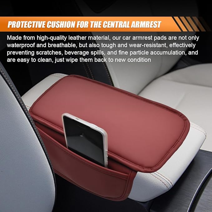 Car Center Console Cover, Leather Waterproof Auto Arm Rest Pad with Storage Bag, Scratch Resistant Middle Console Protector, Comfortable Vehicle Interior Accessories for Sedan SUV (Burgundy)