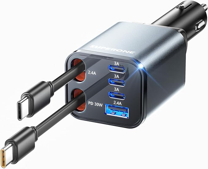 SUPERONE Retractable Car Charger, [Ultra-Compact] 6-Port Car Charger USB C, iPhone Car Chargers Fast Charging with Dual USB C Cables, RV Power Adapter for iPhone 17/16/15/14/13/12 Series