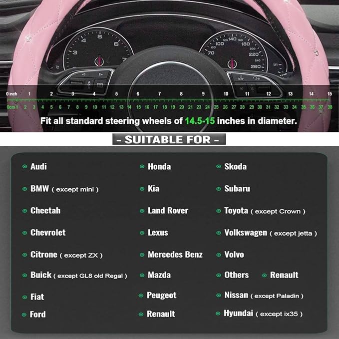 Xizopucy Pink Steering Wheel Cover, Diamond Leather Bling Steering Wheel Cover, Anti-Slip Steering Wheel Protector with Crystal Rhinestones for Women and Girl Fit 14.5-15 inch