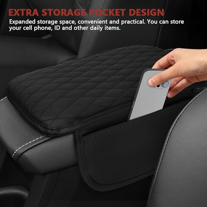 Car Center Console Cover, 12"×7.87" Waterproof Leather Auto Armrest Cover Protector with 2 Pocket, Comfortable Arm Rest Box Cushion Pad, Universal Interior Car Accessories (Black)