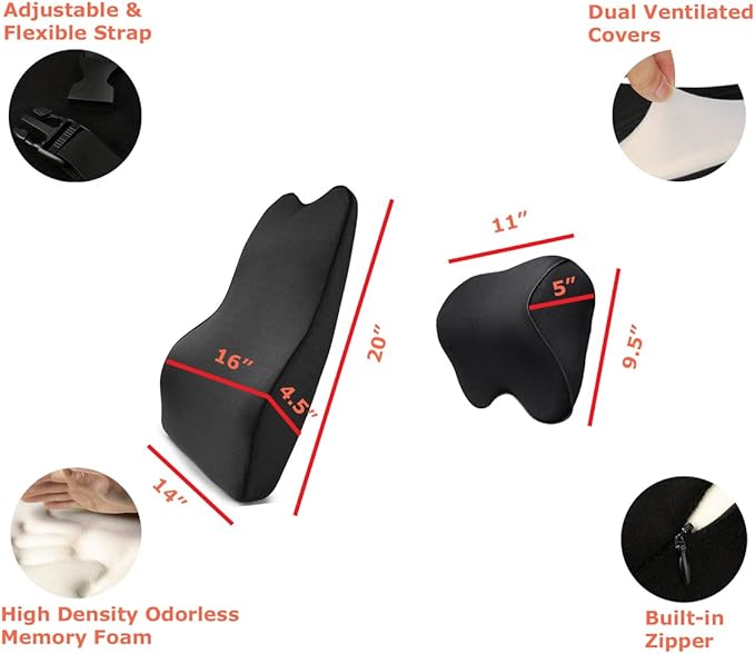 Tektrum Orthopedic Entire Back Support Full Lumbar Cushion for Car & Headrest Neck Pillow Kit - Ergonomic Thick 3D Design Fit Body Curve - Back, Neck Pain Relief, Improve Posture -Black (012011-A)