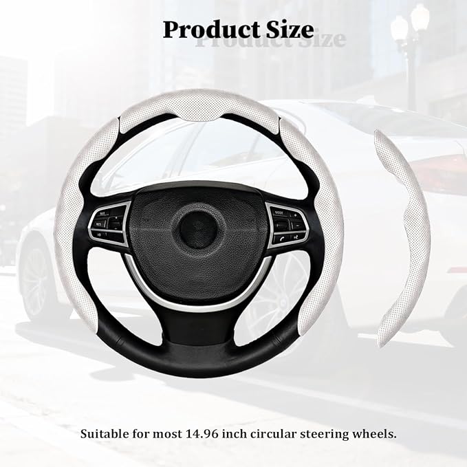 3PCS Car Steering Wheel Cover, Nappa Leather Breathable Non-Slip Segmented Steering Wheel Protector, Snap-on Auto Interior Decoration Accessories, Universal Fit (White)