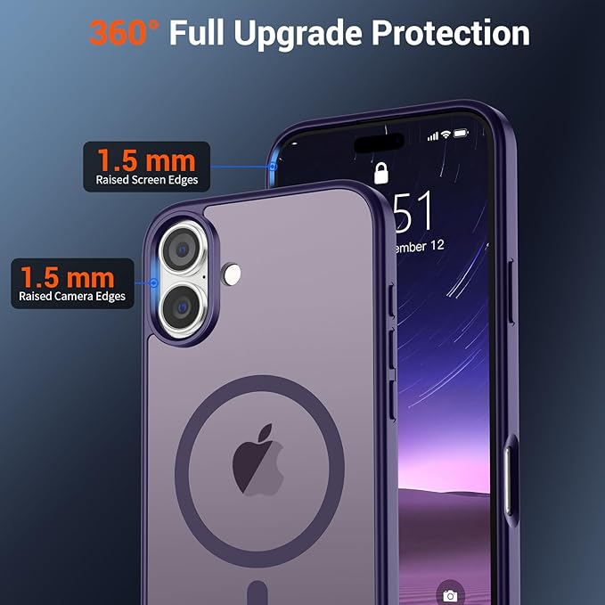 SUPFINE Magnetic for iPhone 16 Plus Case(Compatible with MagSafe)(Military Grade Drop Protection) Slim Translucent Matte Shockproof with Anti-Fingerprint Phone Case,Dark Purple