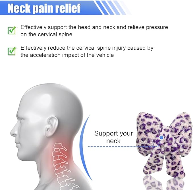 2PCS Cute Bow Car Headrest Pillow, Soft Breathable Leopard Plush Car Neck Support Pillow, Comfortable Warm Ergonomic Auto Interior Head Rest Cushion for Women, Girl (Purple)