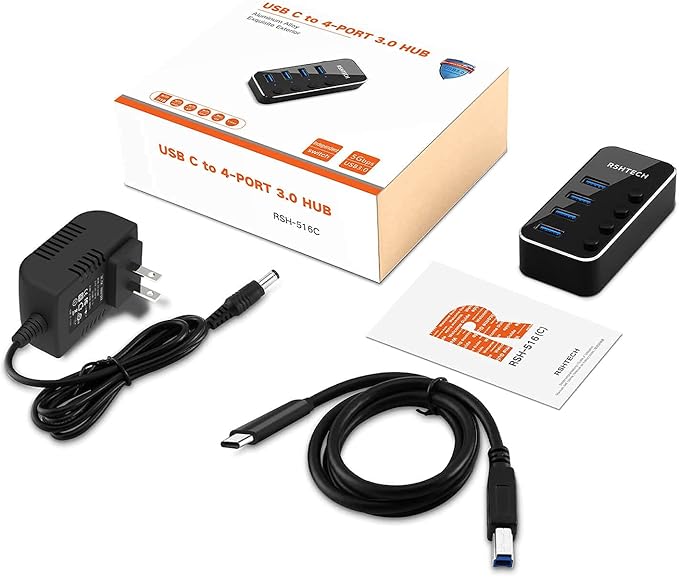 Powered USB hub RSHTECH 4 Port USB C to USB 3.0 Port Hub Expander Aluminum Portable USB 3.0 hub Splitter with 5V AC Adapter and Individual On/Off Switches (RSH-516-C)