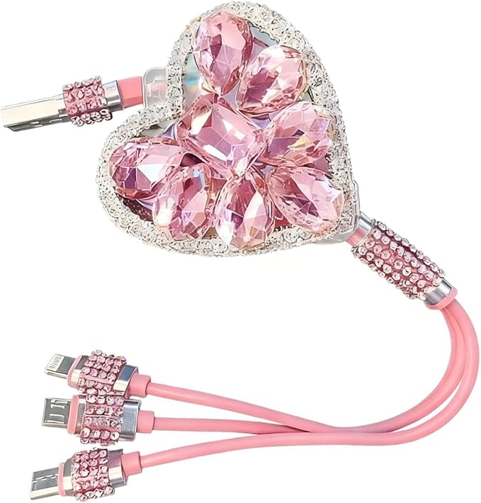 Multi Charging Cable, 3 in 1 Multi Charger Cable with Type-C/Lightning/Micro USB Connectors, Rhinestone Retractable Car Charger Cord, Universal for Most Phones, Tablets (Pink)