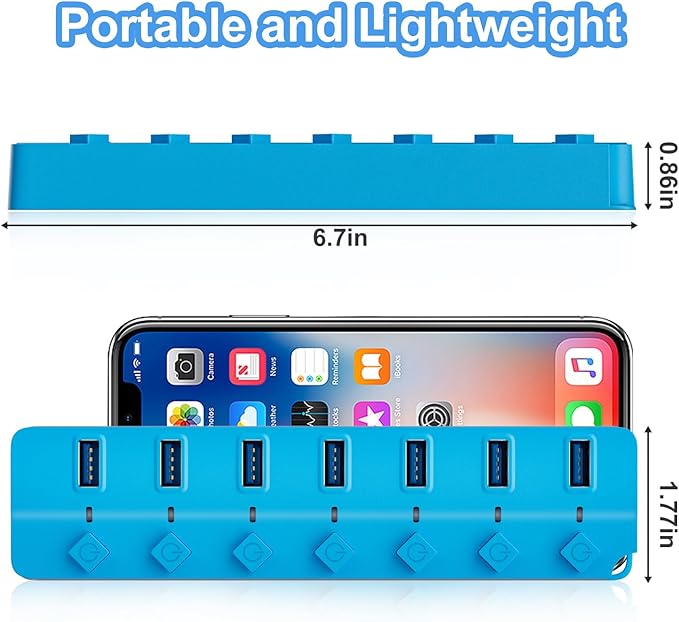 ONFINIO USB Hub 3.0, 7-Port USB Hub Splitter with Individual On/Off Switches and Lights, 3.2ft/1m Long Cable Compatible with MacBook, Laptop, Surface Pro, PS4, PC, Flash Drive, Mobile HDD-Blue