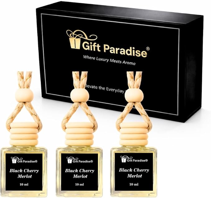 Gift Paradise® Luxury Black Cherry Merlot Car Air Freshener Set of 3 – 10 ml Hanging Glass Diffusers – Sweet Cherry & Red Wine Scent – Long-Lasting – Premium Magnetic Gift Box Included
