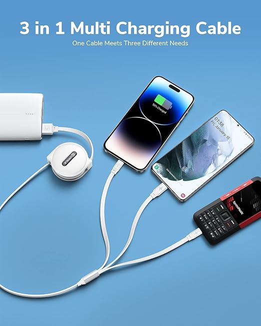 CAFELE Multi Charging Cable 3A, [2Pack 4ft] Retractable USB Charging Cable with Type C/L/Micro USB Ports, 3 in 1 Multi Fast Charger Cord for Multiple Devices, Phone 16 15 14/Galaxy/Pads/Tablets-White