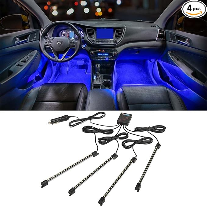 LEDGlow 4pc Blue LED Interior Footwell Underdash Neon Lighting Kit for Cars & Trucks - 7 Unique Patterns - Music Mode - 8 Brightness Levels - Auto Illumination - Includes Cigarette Power Adapter