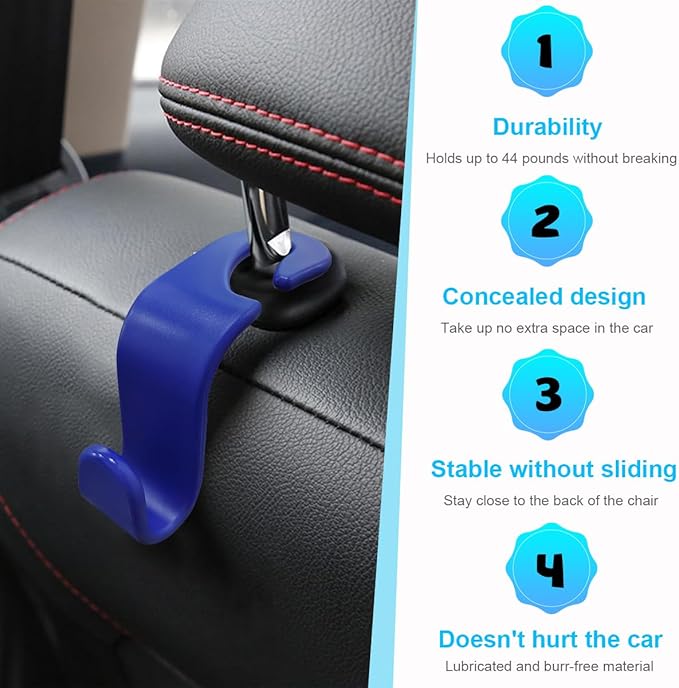 Ziciner Car Seat Headrest Hooks, 4 Pack Auto Durable Backseat Hangers Storage Organizer, Universal Vehicle Interior Holder Accessories for Purse, Grocery Bags, Handbag, Cloths ect (Blue)