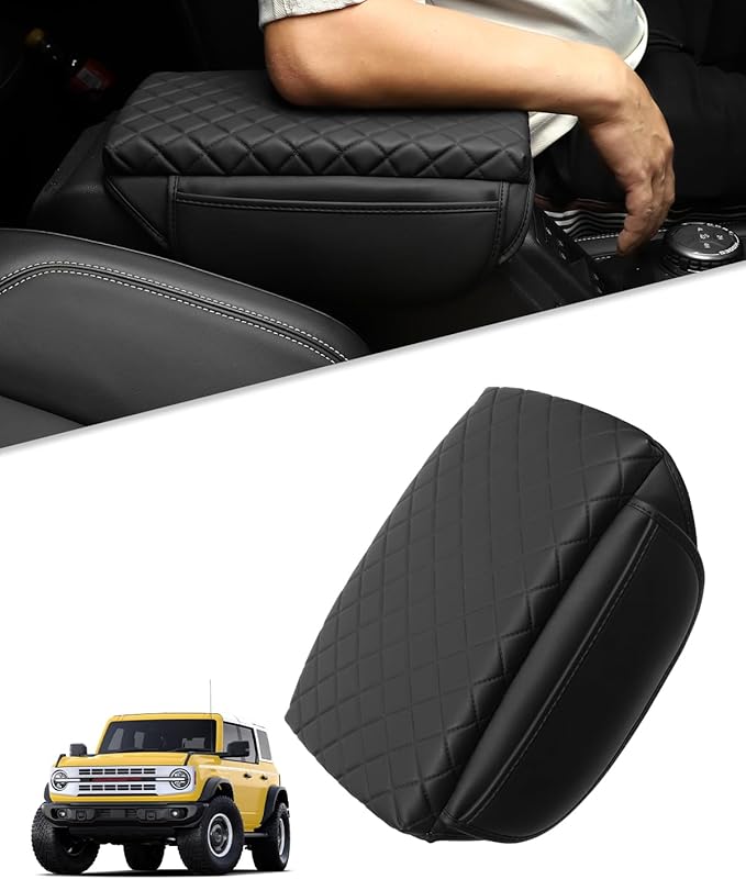 for Bronco Center Console Armrest Cover 2026 2025 2024 2023 2022 2021 Bronco Accessories Black with Pockets Upgrade Arm Rest Pad Console Cushion Lid