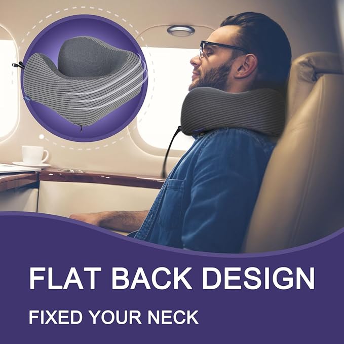 napfun Neck Pillow for Traveling, Upgraded Travel Neck Pillow for Airplane 100% Pure Memory Foam Travel Pillow for Flight Headrest Sleep, Portable Plane Accessories, Dark Gray Striped Kit