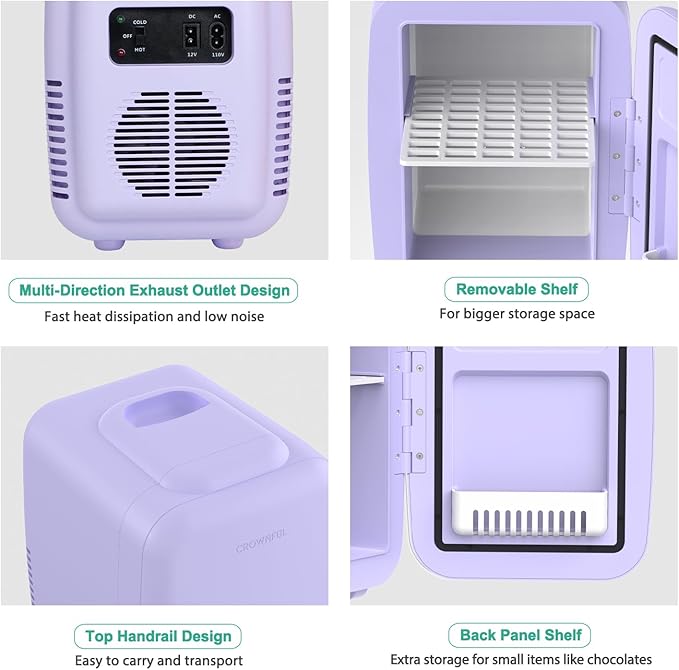 CROWNFUL Mini Fridge, 4 Liter/6 Can Portable Cooler and Warmer Personal Refrigerator for Skin Care, Cosmetics, Beverage, Food,Great for Bedroom, Office, Car, Dorm(Purple)