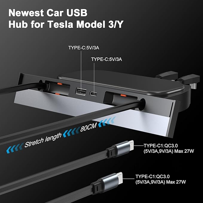 Upgrade Tesla USB Hub for Tesla Model 3&Y Waterproof - 4Ports Fast Chargr for Model Y/3 Accessories 2023 2022 2021 Retractable Docking Station, 2 Type-C Fast Charging Cables (Not Fit Model 3 2024)