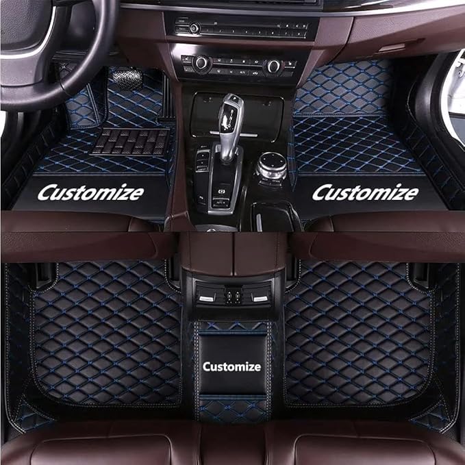 Custom Car Floor Mat Compatible with 97% Car Models Luxury Leather All Weather Waterproof Anti-Skid Full Coverage Car Mats (Black Blue)
