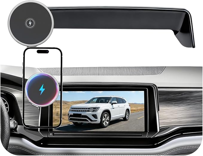 Magnetic Phone Holder for Volkswagen Atlas (2024 2025 2026, 12inch) / VW Altas Cross Sport, 15W Wireless Car Charger for iPhone & Samsung, 360 & Hands Free, with Storage Box, New Car Accessories