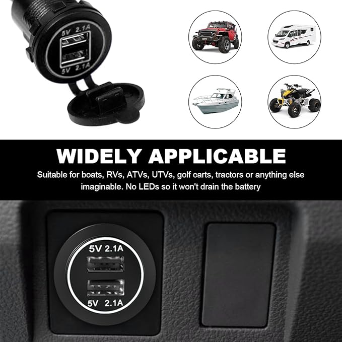 4.2A Dual USB Charger Socket, Waterproof Power Outlet 12V/24V 2.1A & 2.1A Quick Charge Socket, USB Charger Socket with Cap for Car Golf Cart Mobile RV ATV Truck Marine Boat (White)
