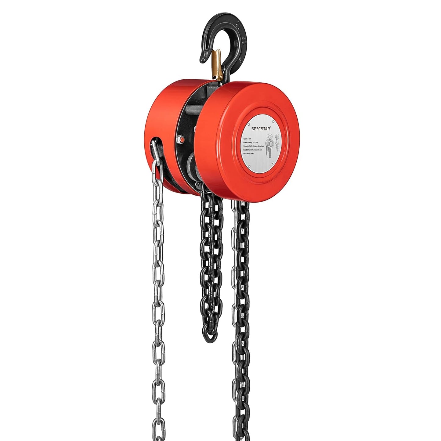 SPECSTAR Hand Chain Hoist 2 Ton 4400 Lbs Capacity 10 Feet with 2 Heavy Duty Hooks, Manual Chain Fall for Warehouse Building Automotive Machinery Red