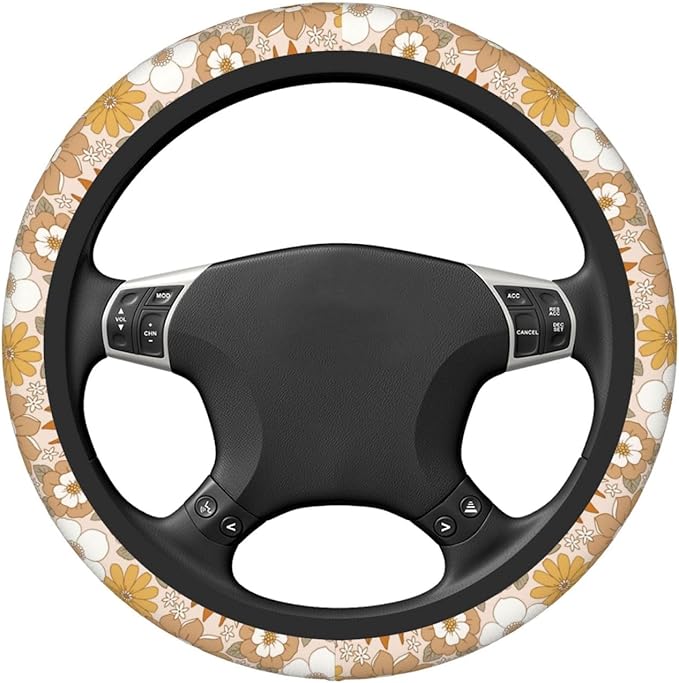 Retro Flowers Steering Wheel Cover for Men Women Universal Car Accessories 15 Inch Neoprene Auto Interior Decor