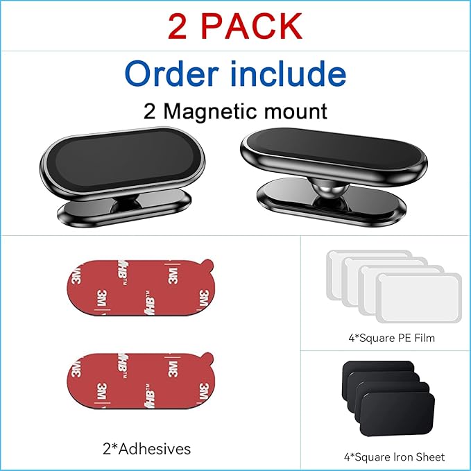 【2-Pack】 Magnetic Phone Holder for car, [ Super Strong Magnet ] [ with 4 Metal Plate ] Cell Phone carmount for iPhone Magnetic [ 360° Rotation ] Universal Dashboard Adhesive Car Magnetic Phone Mount