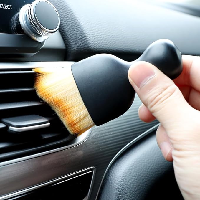 Car Detailing Brush, Soft Bristle Cleaning Brush, Scratch-Free Auto Duster Tool for Dashboard, Air Vents, Leather & Interior Cleaning (Black&Brown with Cap)