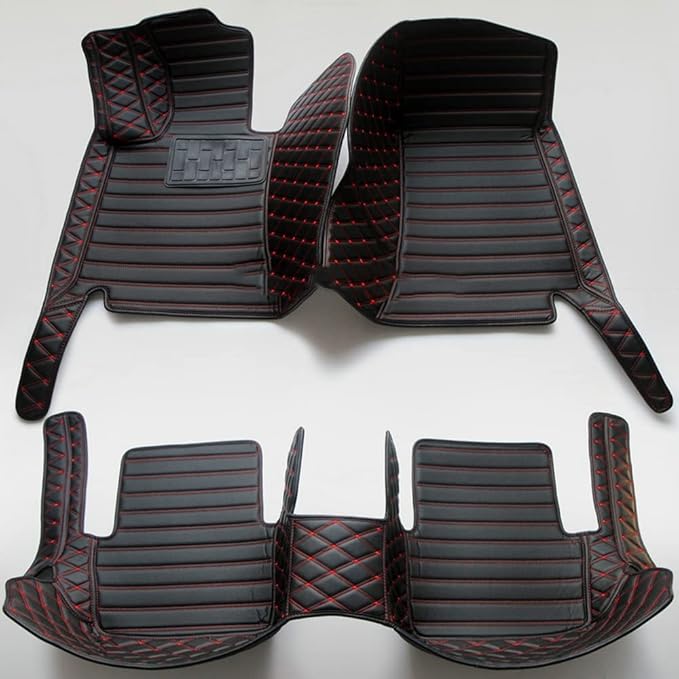 Custom Personalized Floor Mats for Cars - Luxury Full Coverage All Weather Mats, Anti-Slip Leather Mat Set, Fit for 99% of Cars, SUVs & Trucks (Black+Red Line, D-Diamond+Strip)