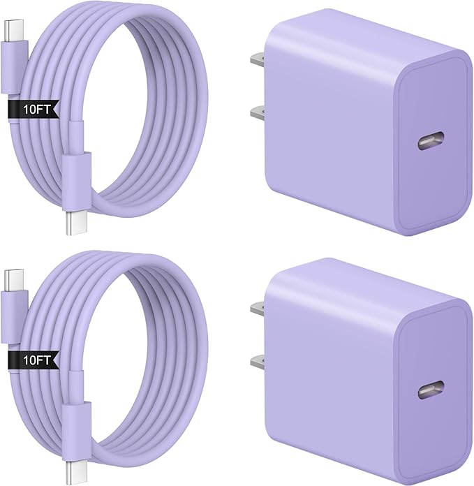 iPhone 17 16 15 Charger Fast Charging 2+2Pack 20W USB C Wall Charger with 10FT Fast Charging Cable Compatible with iPhone 17/17 Air/17 Pro/17 Pro Max/iPhone 16/15 Series, iPad Pro/AirPods-Purple