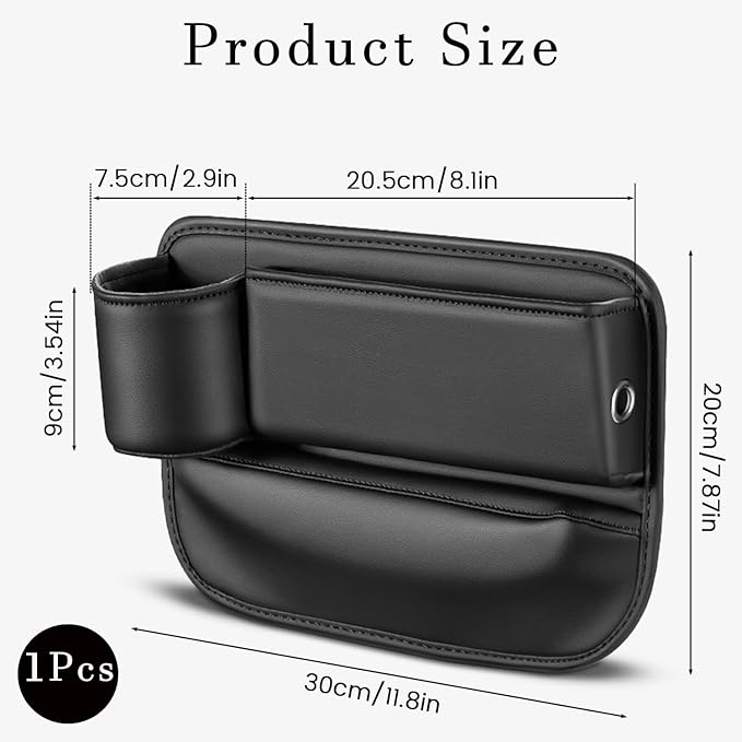 Car Seat Gap Filler with Cup Holder Multi Functional Leather Organizer for Vehicles Universal Storage Box for Drivers Side Car Seat Bags for Phones Glasses Keys Cards Ideal for Men and Women (Black)