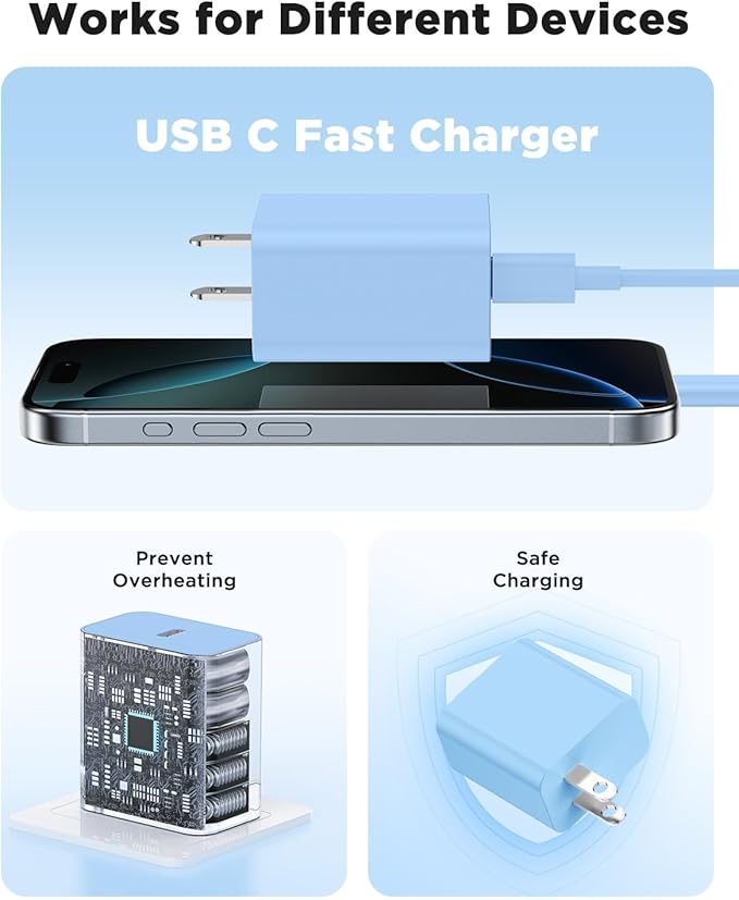 45W iPhone 17 16 15 Pro Max Charger Fast Charging 6FT/10 FT/10FT, Super Fast USB C Charger Block with Extra Long Type C Charging Cable,PD Quick Adapter 3.0 for iPhone 16 15/16e 15Pro/16 15 Plus-Blue