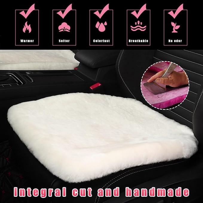Sheepskin Car Seat Cushion, Comfortable Soft Fur Wool Auto Front Seat Cover, Vehicle Seat Protector Pad for Warm Winter Office Chair, Universal Decor Car Accessories (Beige)