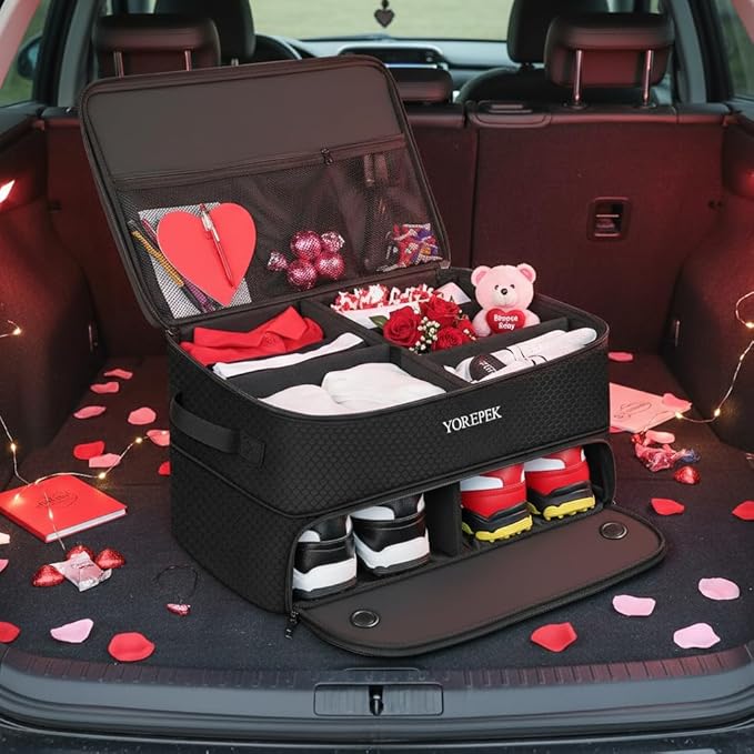 YOREPEK 2 Layer Golf Trunk Organizer, Golf Gifts for Men with Separate Ventilated Compartment for 2 Pair Shoes, Waterproof Car Trunk Locker for Balls, Tees, Clothes, Gloves, Gifts for Golfers
