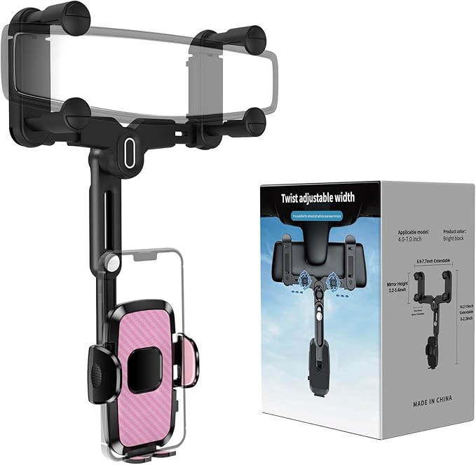 Phone Mount for Car, Rear View Mirror Phone Holder, Rotatable and Retractable Car Phone Holder Mount Rearview Mirror Phone Holder for Car Compatible with iPhone Samsung Cell Phones (Pink)