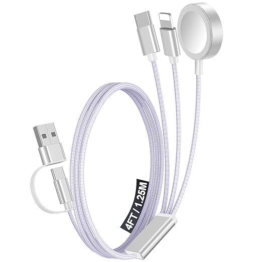 1Pack Multi Charging Cable Cord for Travel Essentials,Apple Watch Charger,iPhone Charger,[3-in-2] Type C/L Cable Portable Designed for iWatch,iPhone 17-8,Galaxy S25-21,AirPods,iPad-4FT Purple