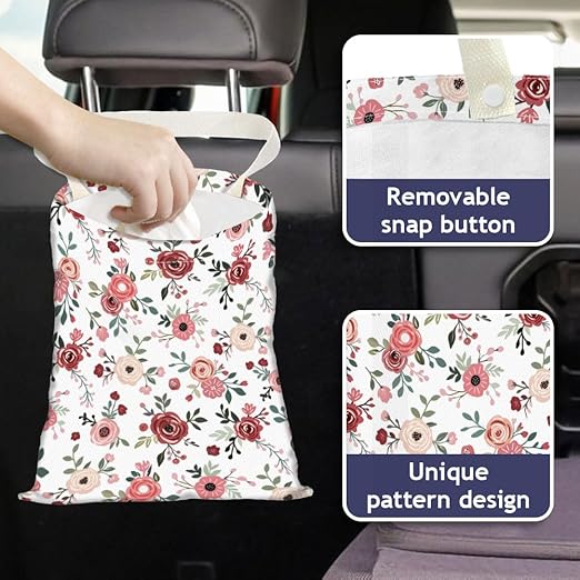 Rose Floral Print Car Trash Bag Hanging Garbage Bag with Snap Buttons Car-Back Seat Trash Storage Portable Dustbin for Car Interior Accessories Travel Camping