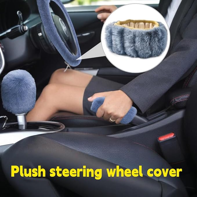Fluffy Steering Wheel Cover, Winter Warm, Suitable for Most Car Steering Wheels in The 14-15 Inch Range (Gray, 3PCS)