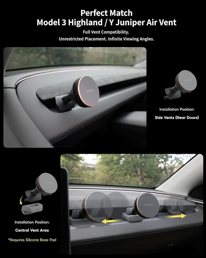 Jowua Active Cooling Magnet Car Mount for Air Vents (Model 3 Highland & Model Y Juniper) Compatible for magsafe, Wireless Charging
