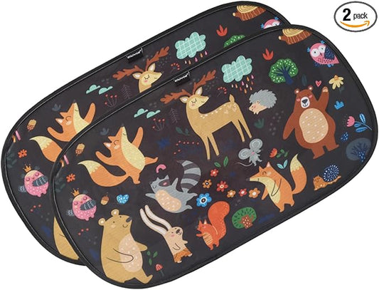 Window Shade-(2 Pack)-XL-25" x 16"-Colorful Cartoon Animal Designs, Cling Car Sun Shade for Windows - Sun, Glare and UV Rays Protection for Your Child - Baby Car Shades for Side Window by Enovoe