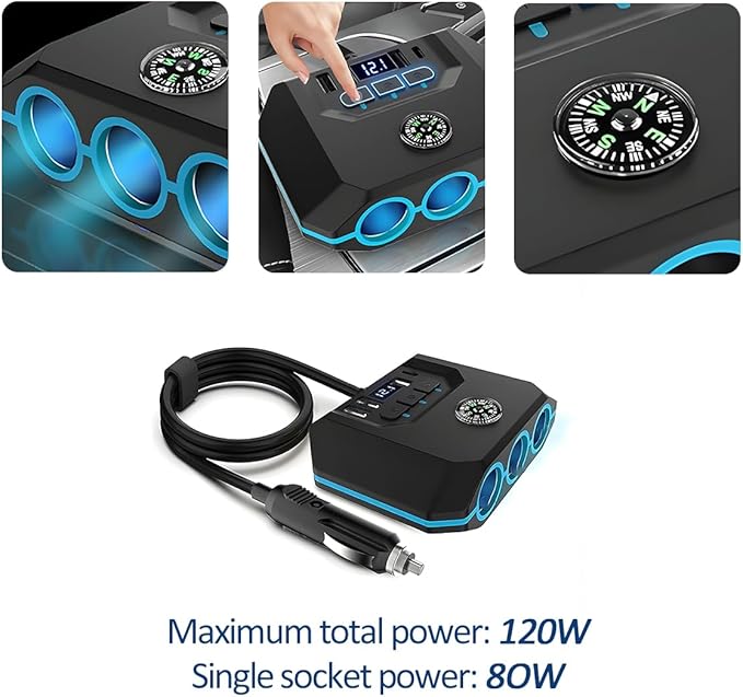 Cigarette Lighter Splitter, 7 in 1 120W USB PD Vehicle Charger Adapter with LED Voltage Display & Independent Switches, 12/24V Multi Port Charge Power Plug, Universal for Vehicles