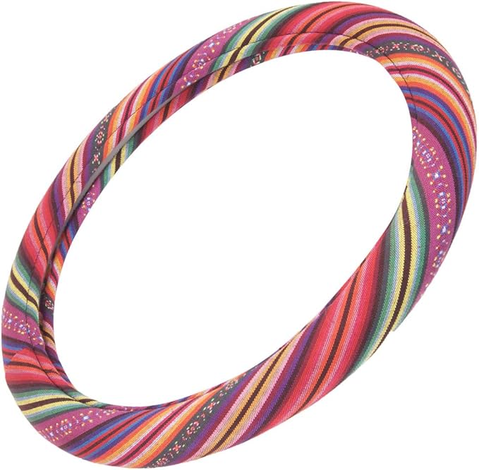 Carbella Pink Woven Boho Bohemian Hippie Saddle Blanket Style Steering Wheel Cover for Women - Fits Most Standard Wheel Sizes 14.5 - 15 inch Woven Style - Light Stripes