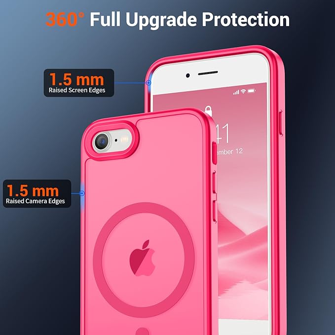 SUPFINE Magnetic for iPhone SE Case 2022 (3rd)/2020 (2nd), iPhone 8 Case with Screen Protector (Compatible with MagSafe) (Military Grade Drop Protection) Translucent Matte Phone Case, Hot Pink