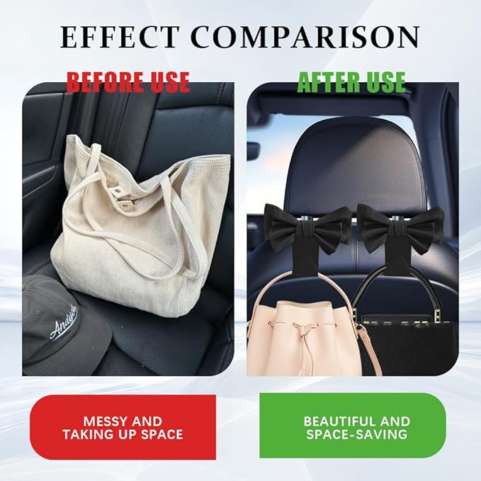 2PCS Car Purse Hooks, Car Hooks for Purses and Bags Cute, Cute Bow Shaped Vehicle Backseat Storage Hanger, Auto Leather Bow Back Seat Storage Hanging Holder Universal for Women Girls (Black)