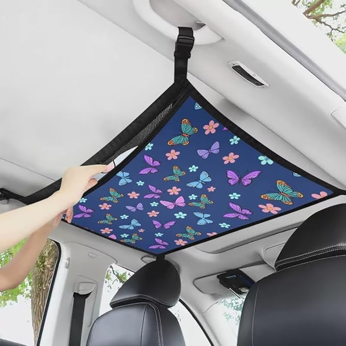 Colorful Butterfly Car Roof Storage Bag Car Seat Storage Hanging Bag Multi-Purpose Car Bag Storage Box Organizer Pouch Pocket Inner Car Accessories Compatible with Most Vehicles